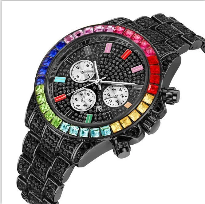 Luxury Brand Gold Men Watch Colored Diamonds Quartz Hiphop Clock-VESSFUL