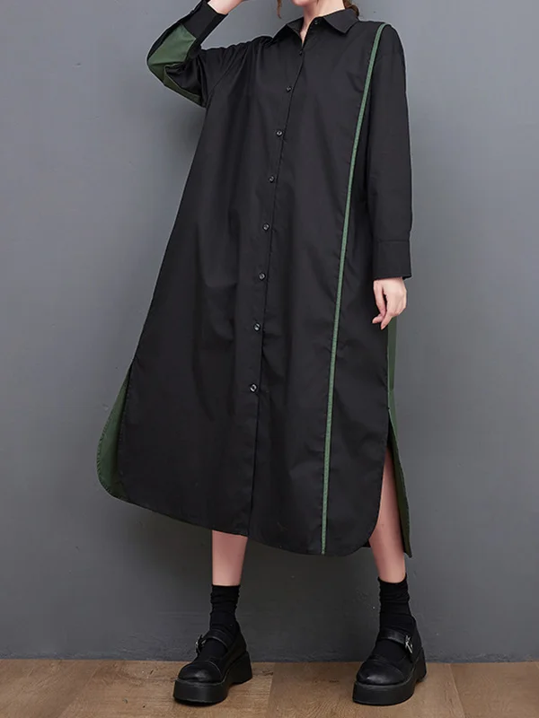 Long Sleeves Loose Asymmetric Buttoned Split-Joint Split-Side Lapel Midi Dresses Shirt Dress