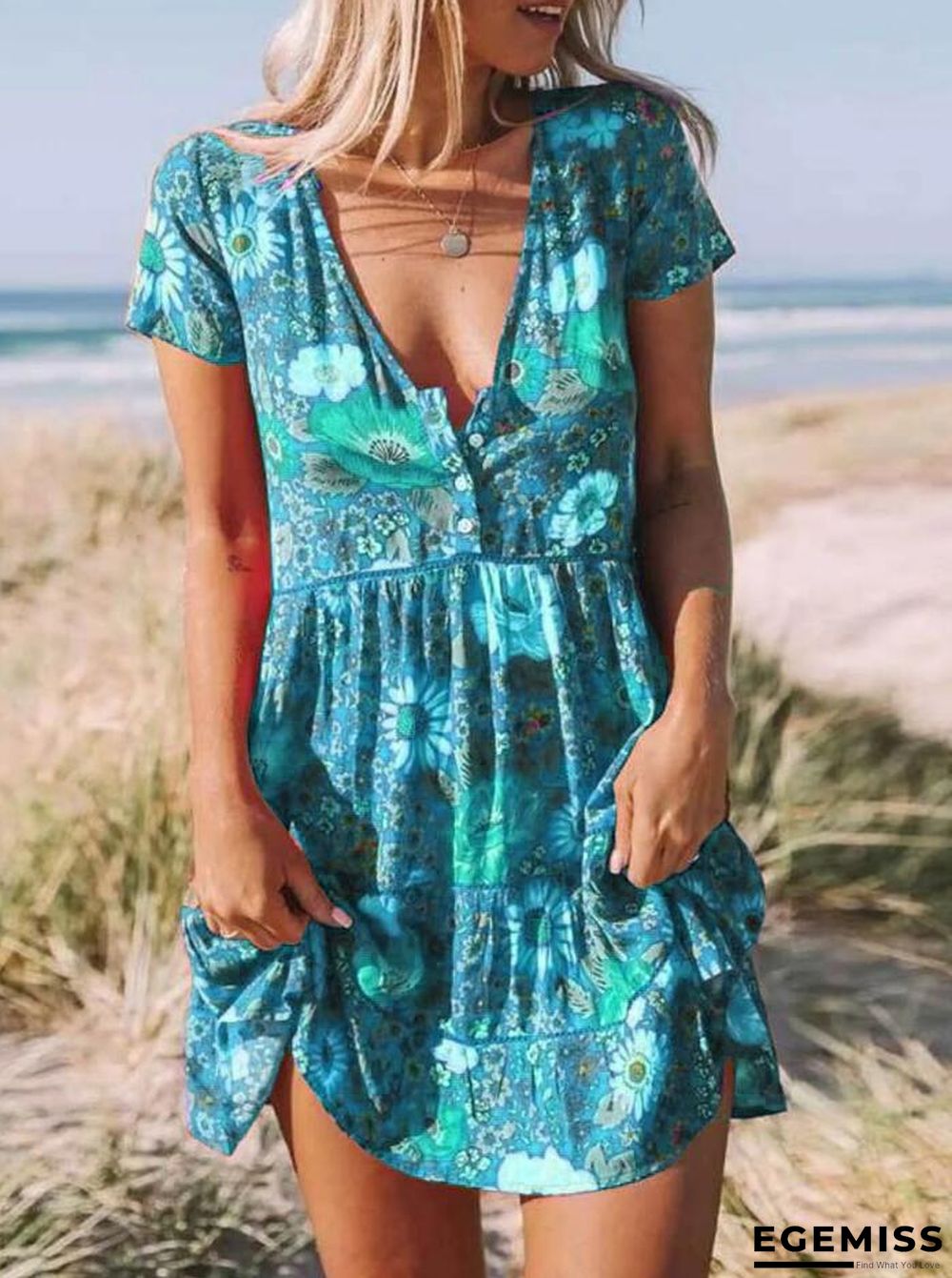 New Women's Printed V-neck Short Sleeve Dress | EGEMISS
