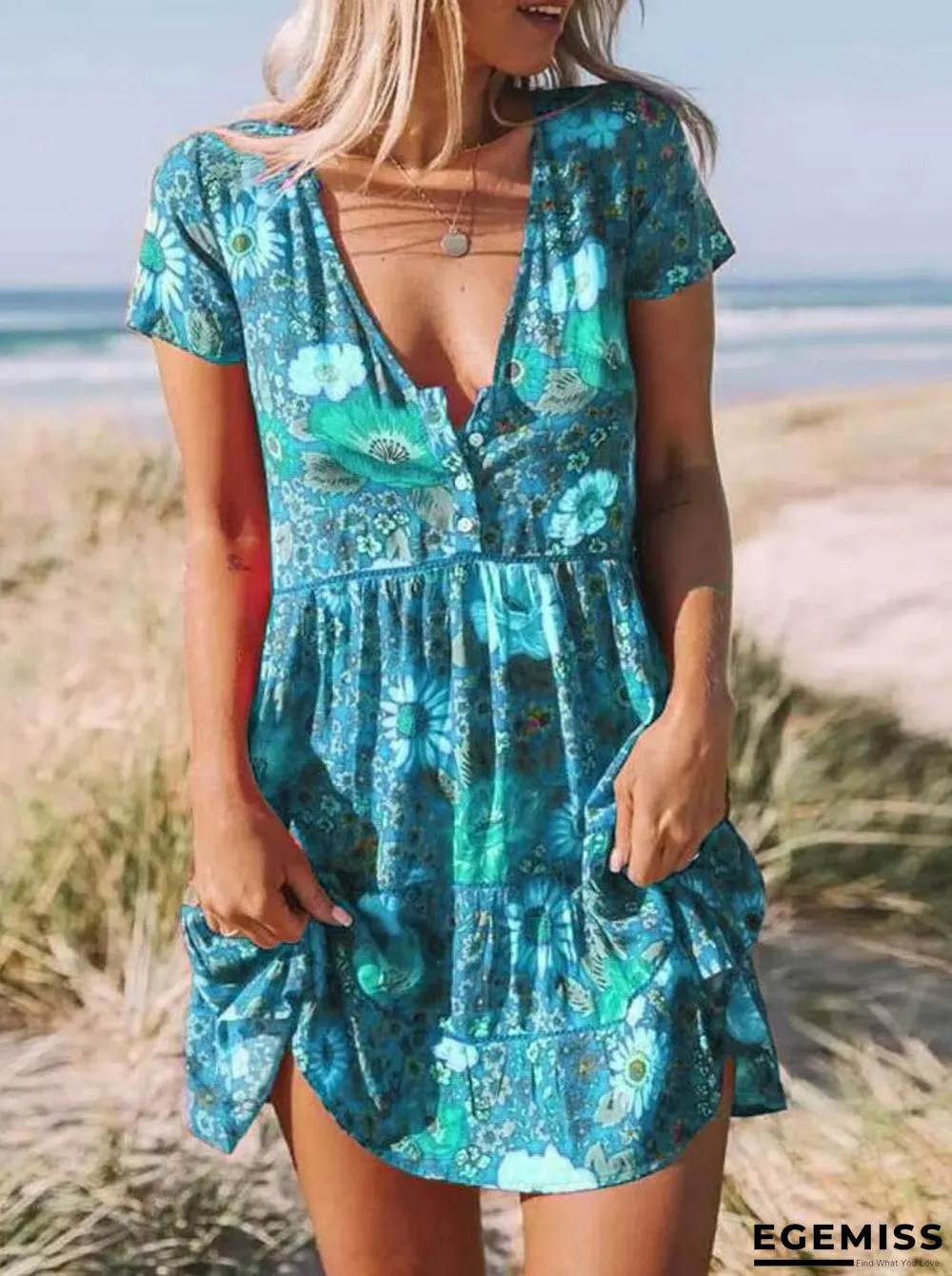 New Women's Printed V-neck Short Sleeve Dress | EGEMISS