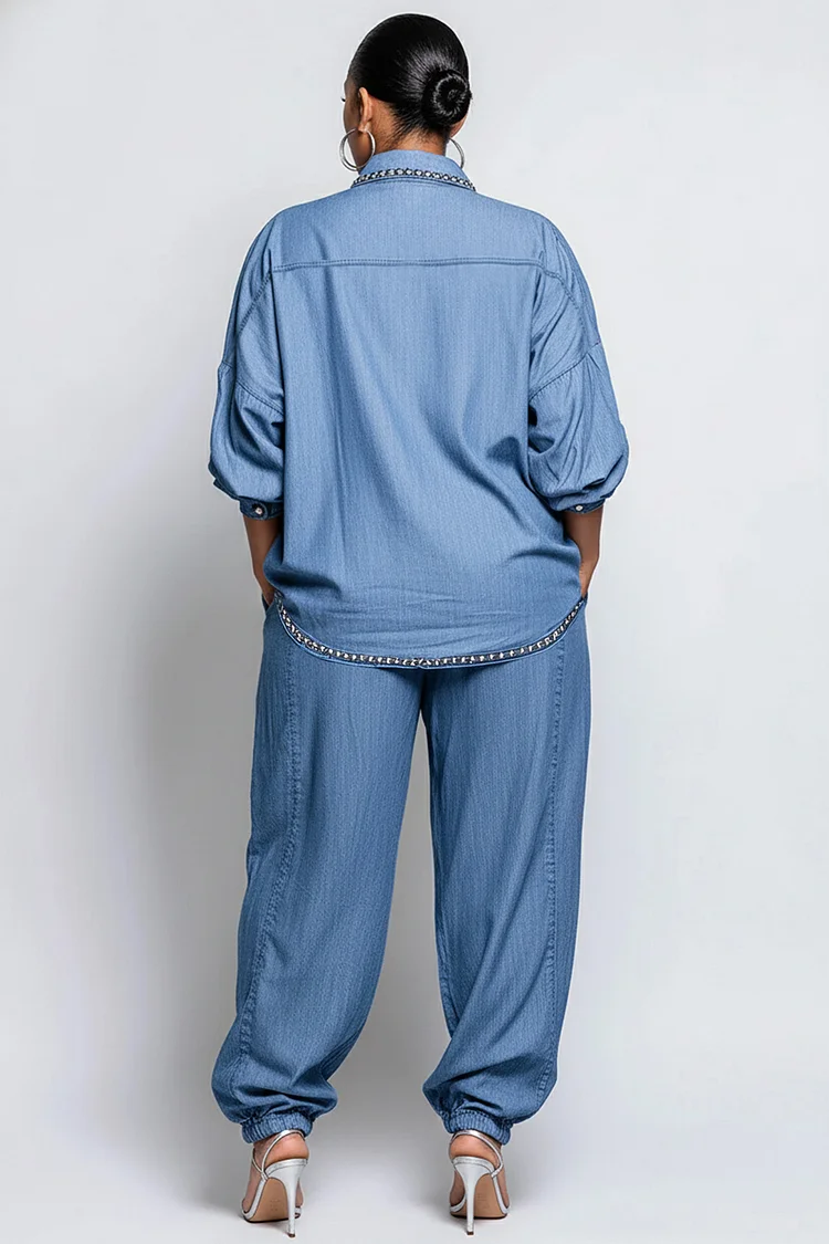 Xpluswear Design Plus Size Business Casual Blue Shirt Collar Long Sleeve Casual Jogging Tencel Denim Two Piece Pant Sets [Pre-Order]