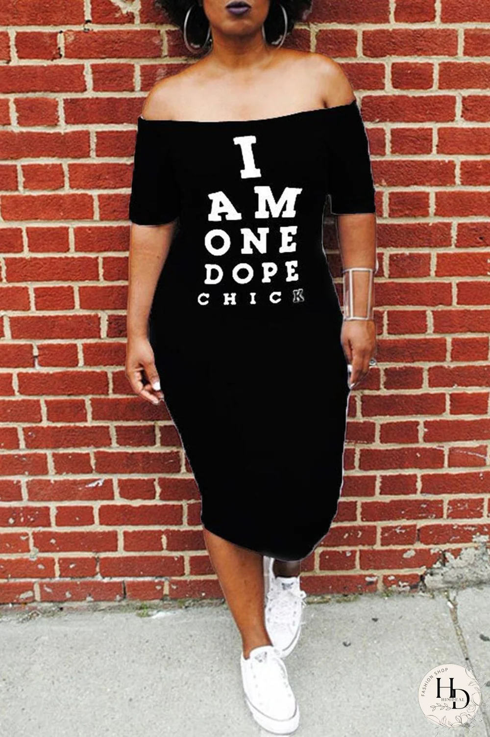 Orange Off The Shoulder Short Sleeves One word collar Mid-Calf Patchwork Casual Dresses