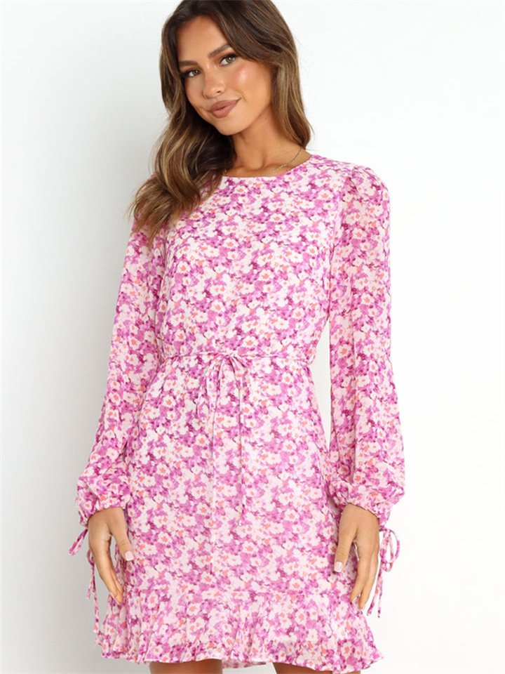 Fresh Sweet Round Neck Long Sleeve Printed Dress | EGEMISS