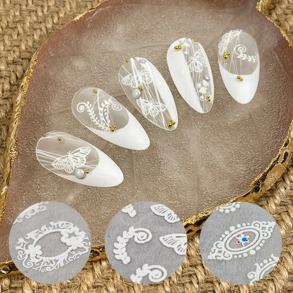[Beautizon] 3D Engraved Nail Art Stickers Baroque Design Frame style white Leaf Flower high quality Sticker Empaistic Nail