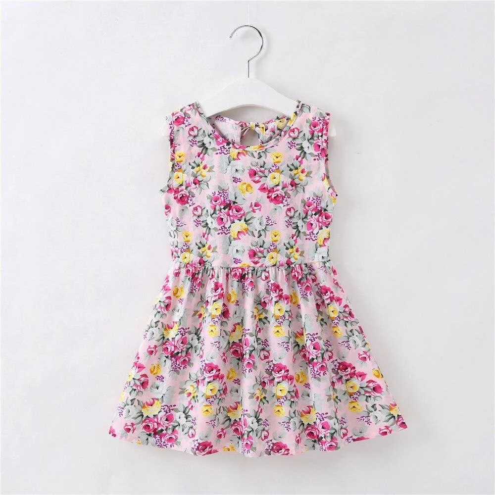 Kids Dress Summer Girl Flower Print Bowknot Back Straps Princess Dress Children Sleeveless Cotton Dresses Baby Girls Clothes