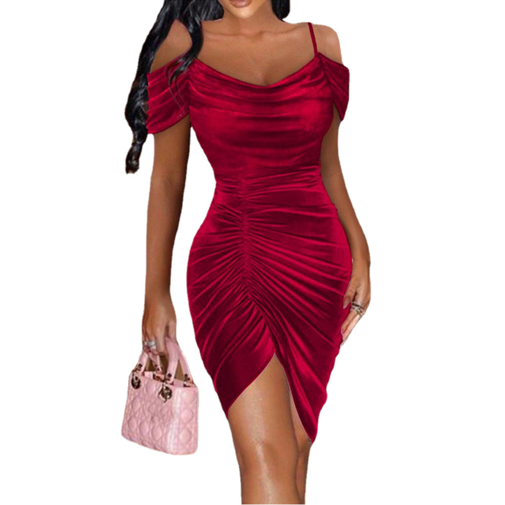 Usasaleprint Velvet Off Cold Shoulder Ruched Bodycon Club Dress Red Knee Length V-neck Spaghetti Strap Plus Size Party Dress Elegant Summer
