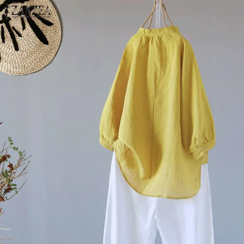 Summer Tunic Tops 2021 ZANZEA Women Cotton Linen Blouse Stand Collar Button Down Blusas Femme Lantern Sleeve Shirts