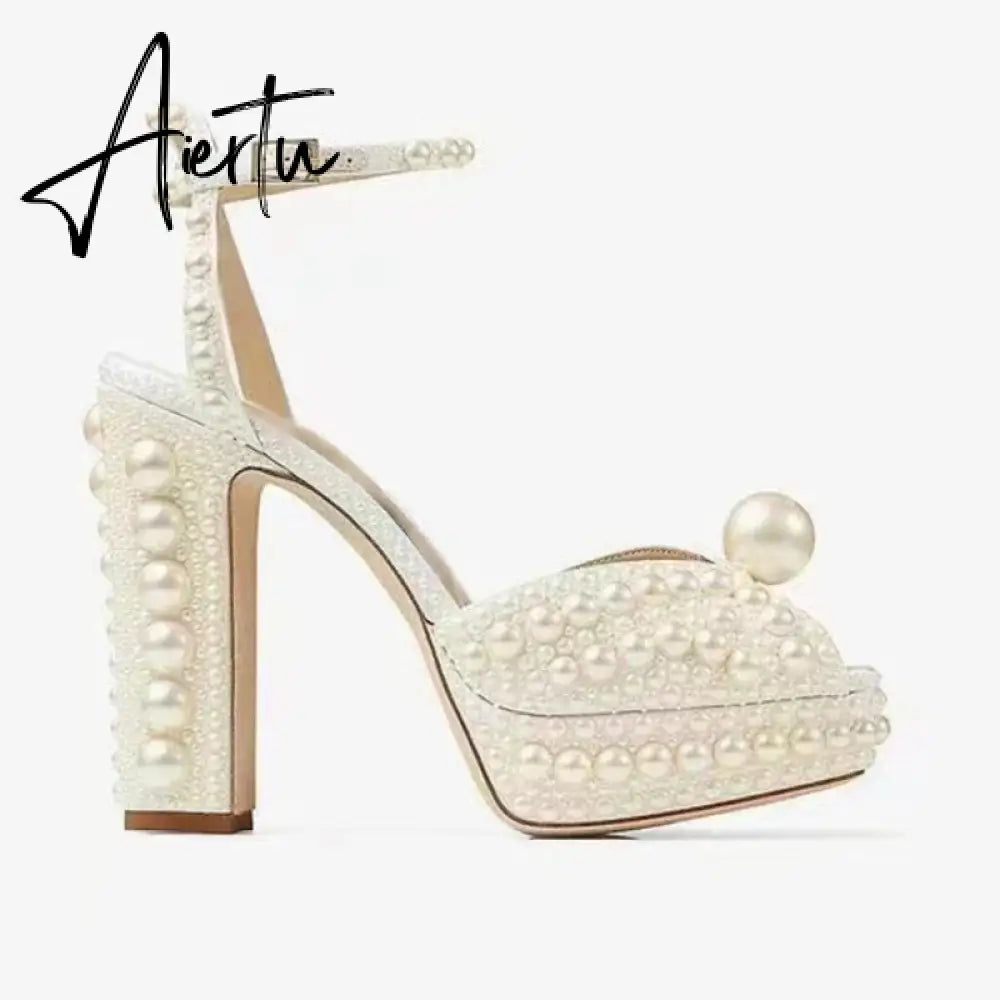 Handmade Beaded Thick Heel Fish Mouth Sandals 35-41 High Heel Waterproof Platform Women's Shoes Wedding Dress Luxury Pearl Aiertu