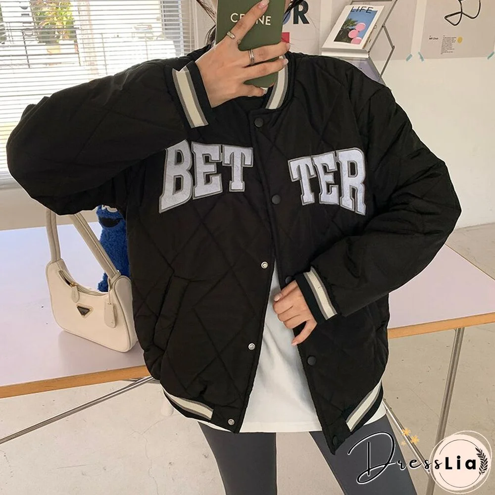 Letter Embroidered Winter Cotton Coat Women American Retro Baseball Uniform Jacket Female Y2K Keep Warm Bomber Jacket New