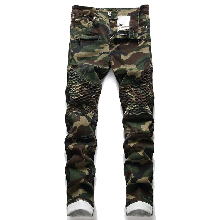 J Shaped Jeans Men's Jeans Slim Straight Camouflage Motorcycle plus Size