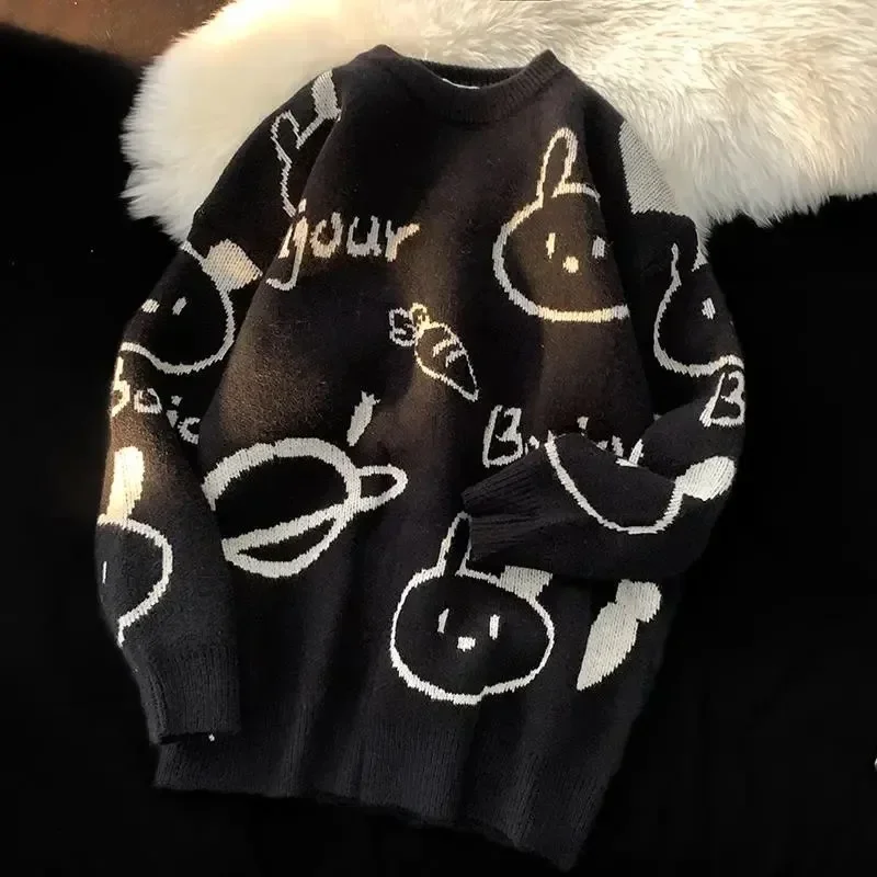 Aonga Cartoon Rabbit Y2k Harajuku Kawaii Retro Cute Round Neck Pullover Sweater Pattern Knitted Warm Loose Oversized Sweatshirt Women aonga