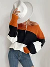 Round-Neck Long Sleeve Loose Contrast Color Stripe Sweater