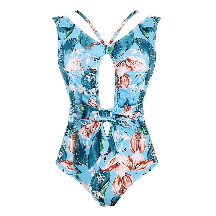 Flaxmaker Sleeveless Blossom Leaves Cut Out Sexy One Piece Swimsuit
