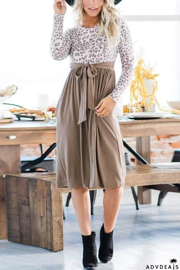 Print Knot Waist Long Sleeve Midi Dress