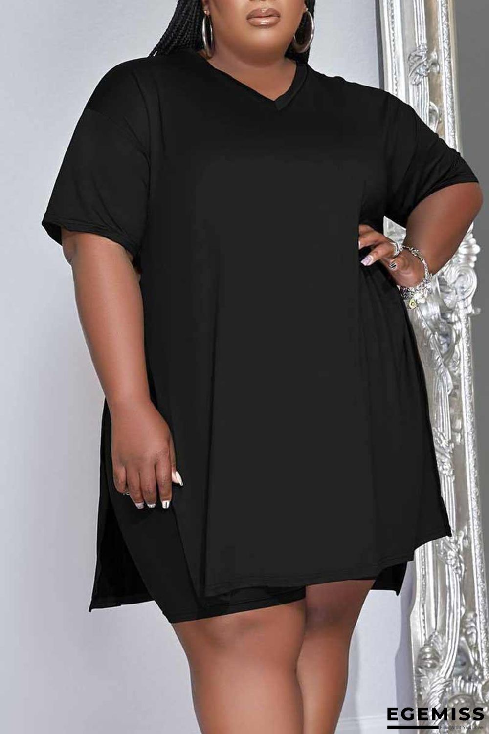 Black Casual Solid Patchwork V Neck Plus Size Two Pieces | EGEMISS