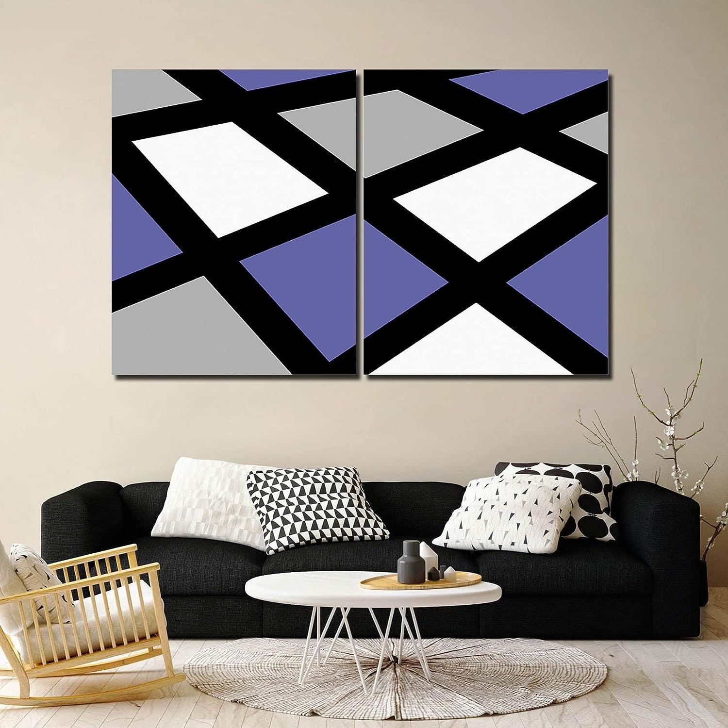 2 Piece Canvas Wall Art for Living Room, Mid Century Modern Stretched and Framed Art Canvas Prints Artwork for Home Decor 12 inch x16 inch x2 Panels Ready to Hang, Purple Gray Geometric Irregular Square 12x16inchx2