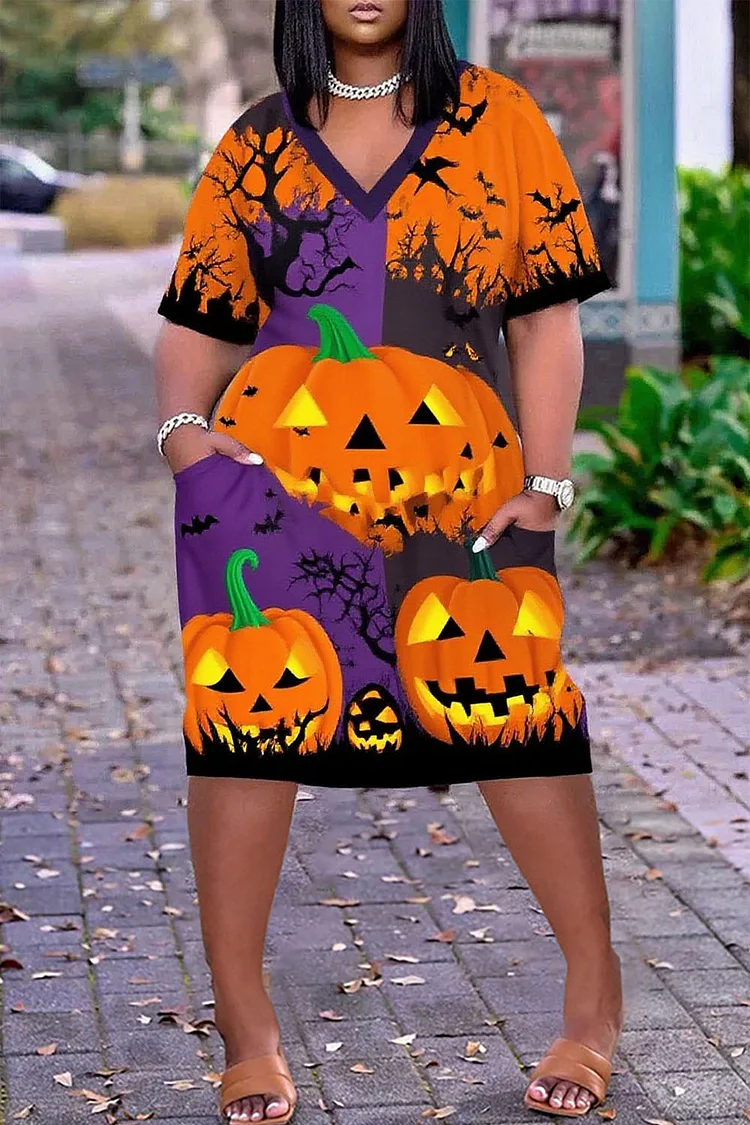 Plus Size Halloween Orange Graphic V Neck Short Sleeve Pocket Vintage Midi Dresses 2024 - Xpluswear