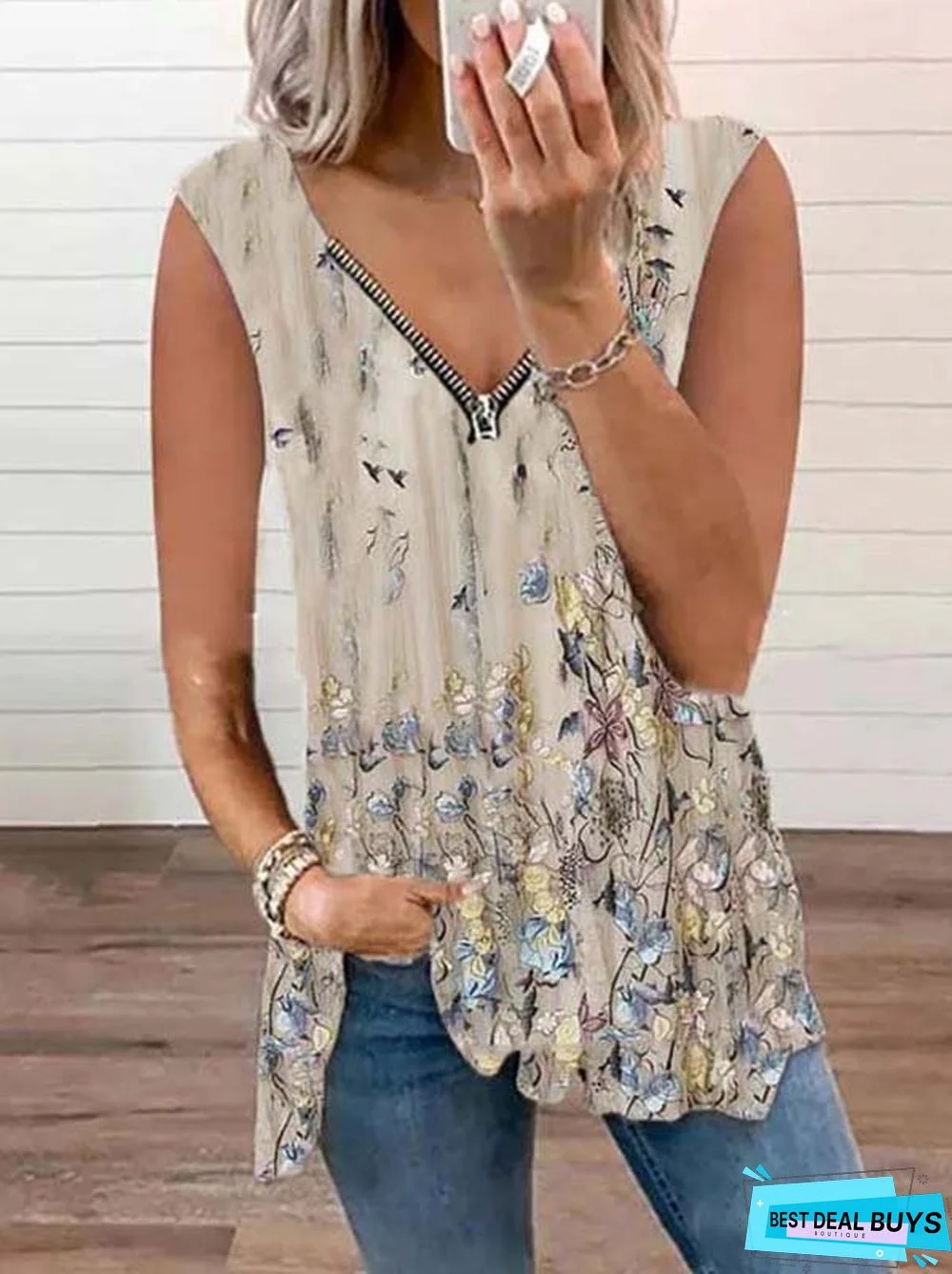 V Neck Sleeveless Floral-Print Casual T-shirt