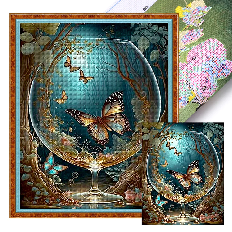 【Huacan Brand】Butterfly In Glass Bottle In The Woods 11CT Stamped Cross Stitch 40*50CM