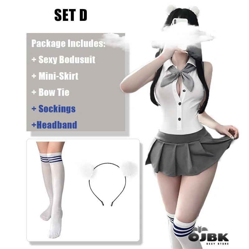 Sexy Lingerie Cheer Learder Cosplay Costumes One Piece Bodysuit Teddy With Mini-Skirt Sailor Moon Outfit Gray White Erotic Set
