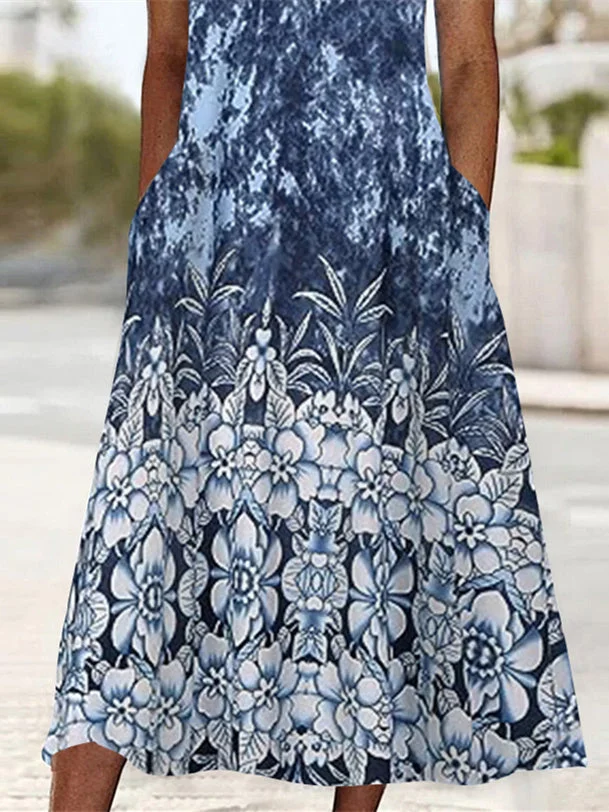 Women's Short Sleeve Scoop Neck Graphic Floral Printed Midi Dress