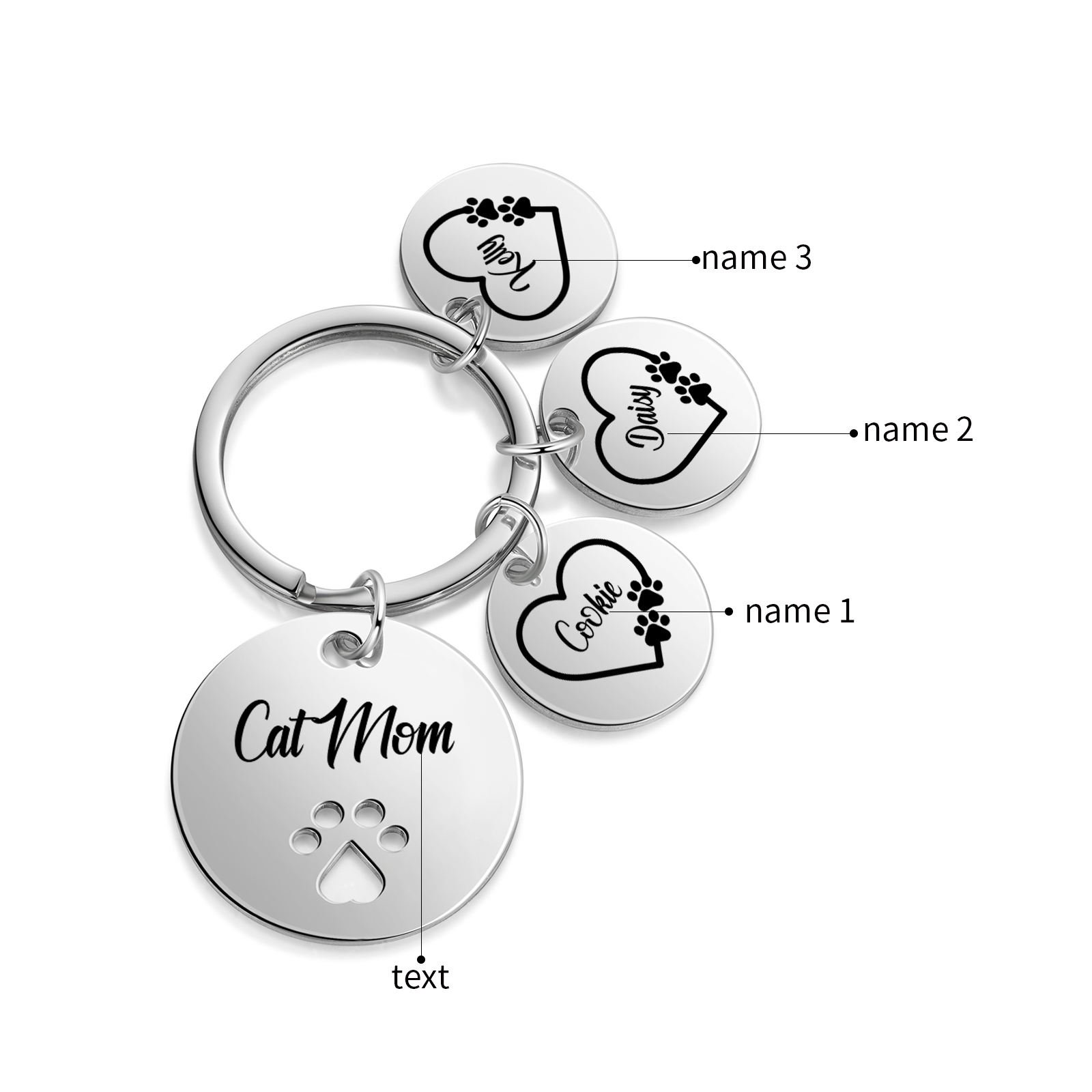 Personalised 3 Names & 1 Text Keychain Cat Paw Circle Charm Keychain Gift for Mother/Grandma-Jessemade AU
