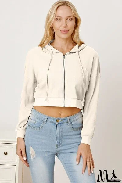 MidiSono - Waffle-Knit Drawstring Zip Up Hoodie