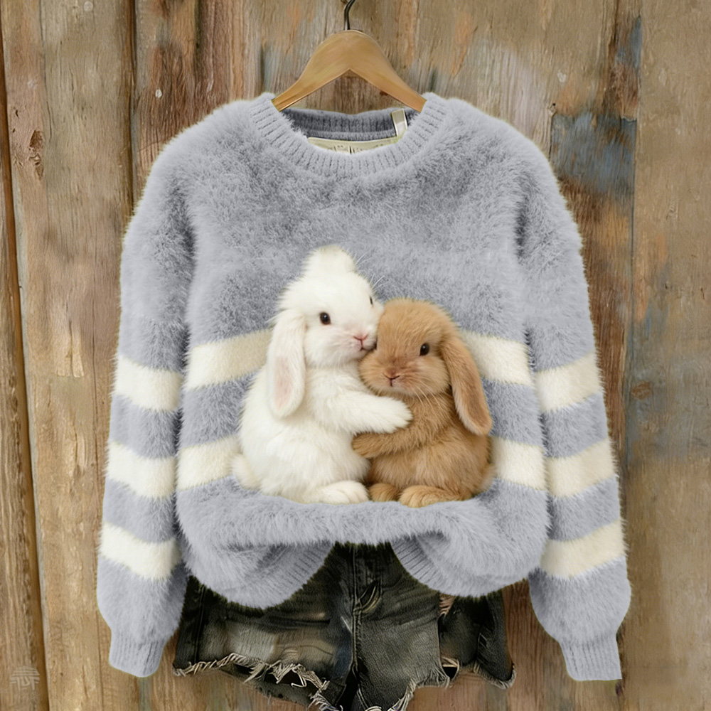 Hug Together Rabbit Plush Round Neck Hoodie wearshes