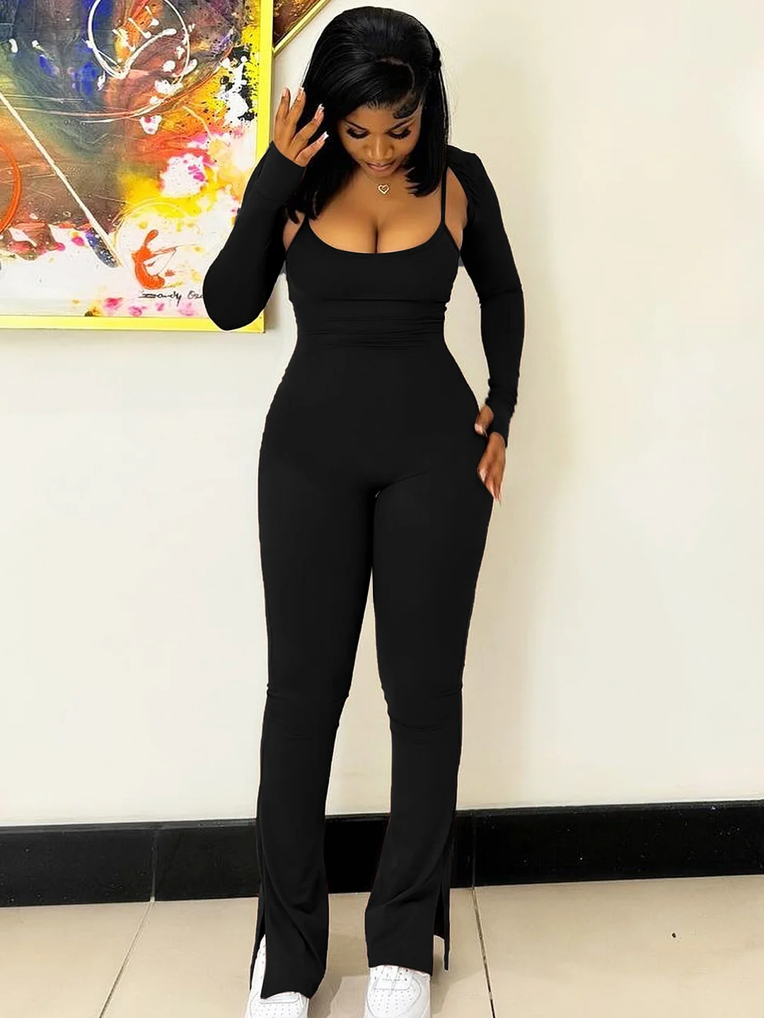 Uveng Uveng Women's Fall New Solid Color Simple Long Sleeve Shawl Jumpsuit Fashion Slim Suit