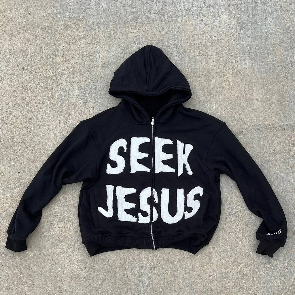 Vintage Seek Jesus Graphic Hip Hop Oversized Zip Up Hoodie