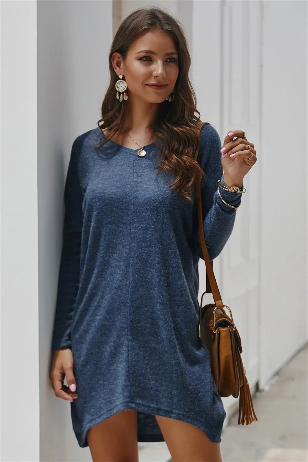 Relaxed V-Neck Long Sleeve Sweater Dress