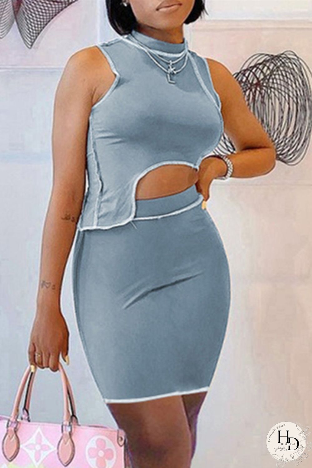 Blue Sexy Casual Solid Split Joint Asymmetrical Half A Turtleneck Sleeveless Two Pieces