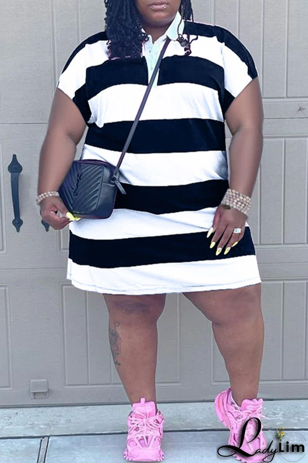 White Fashion Casual Plus Size Striped Print Basic Turndown Collar Short Sleeve Dress