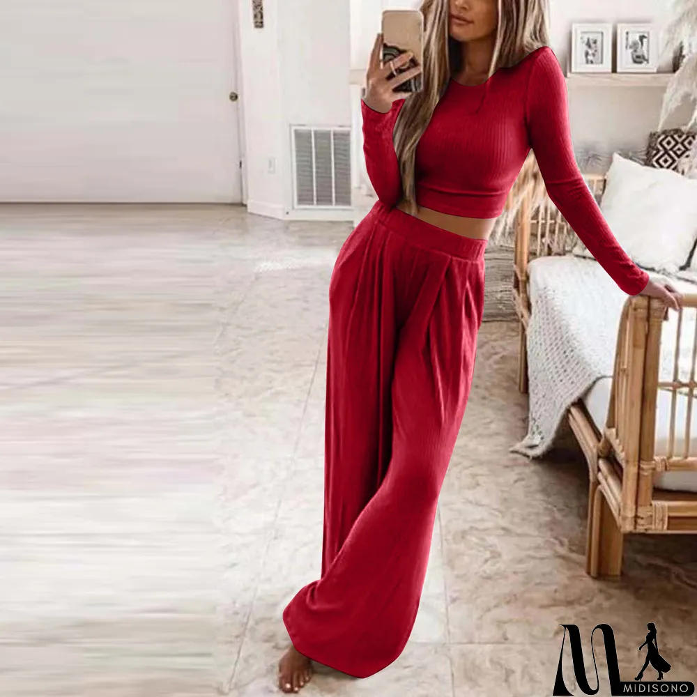 MidiSono - Women Solid Casual Long Sleeve Top and Pant Two Piece Set