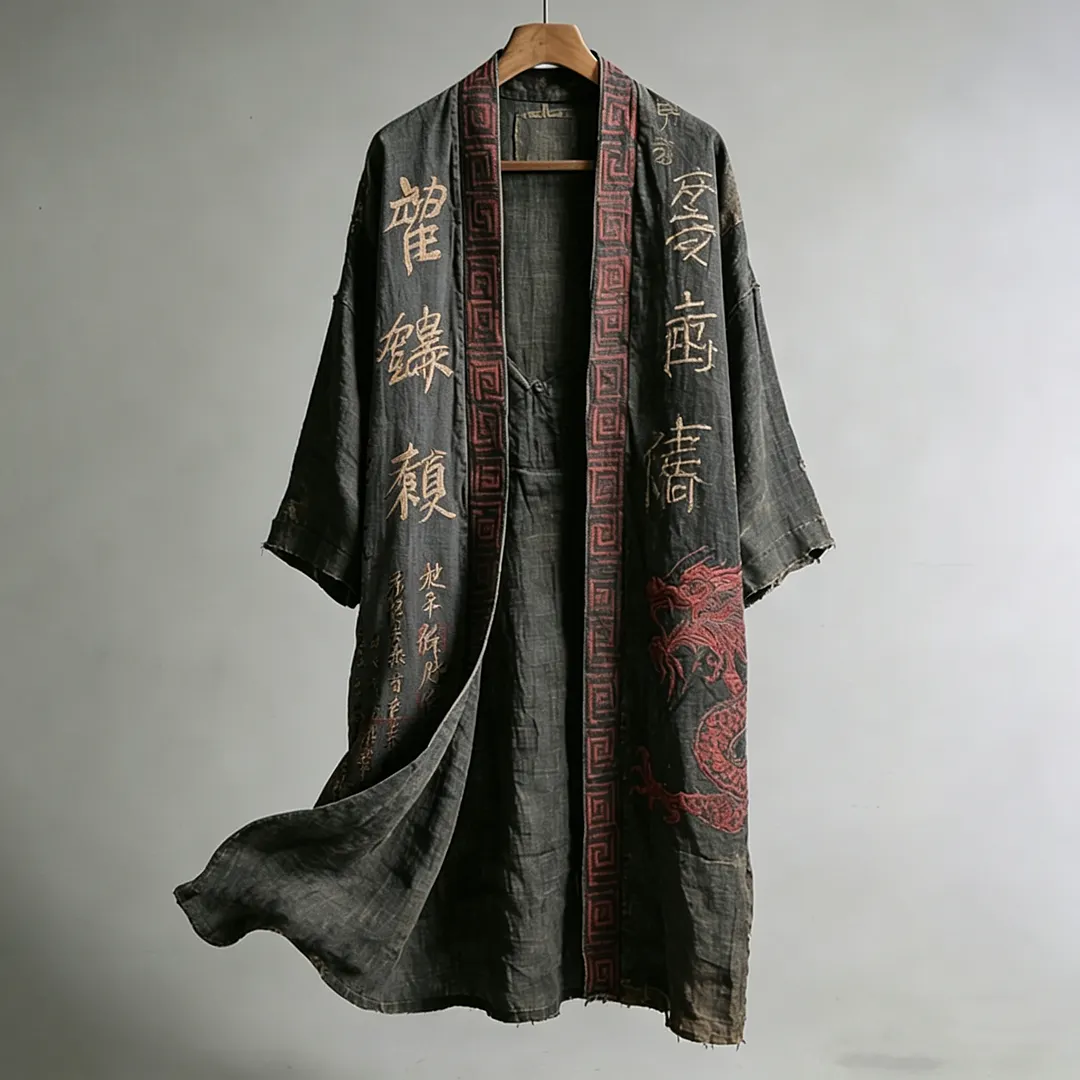 Men's Japanese Dragon Pattern Calligraphy And Painting Art Linen Long Kimono