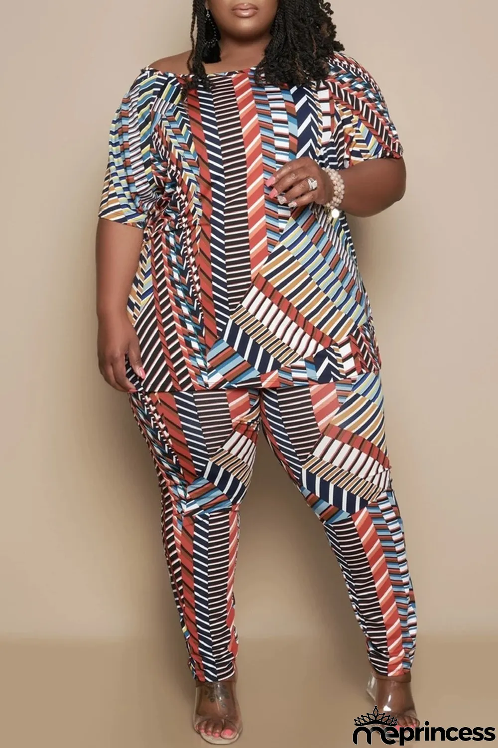 Multicolor Fashion Casual Print Basic O Neck Plus Size Two Pieces