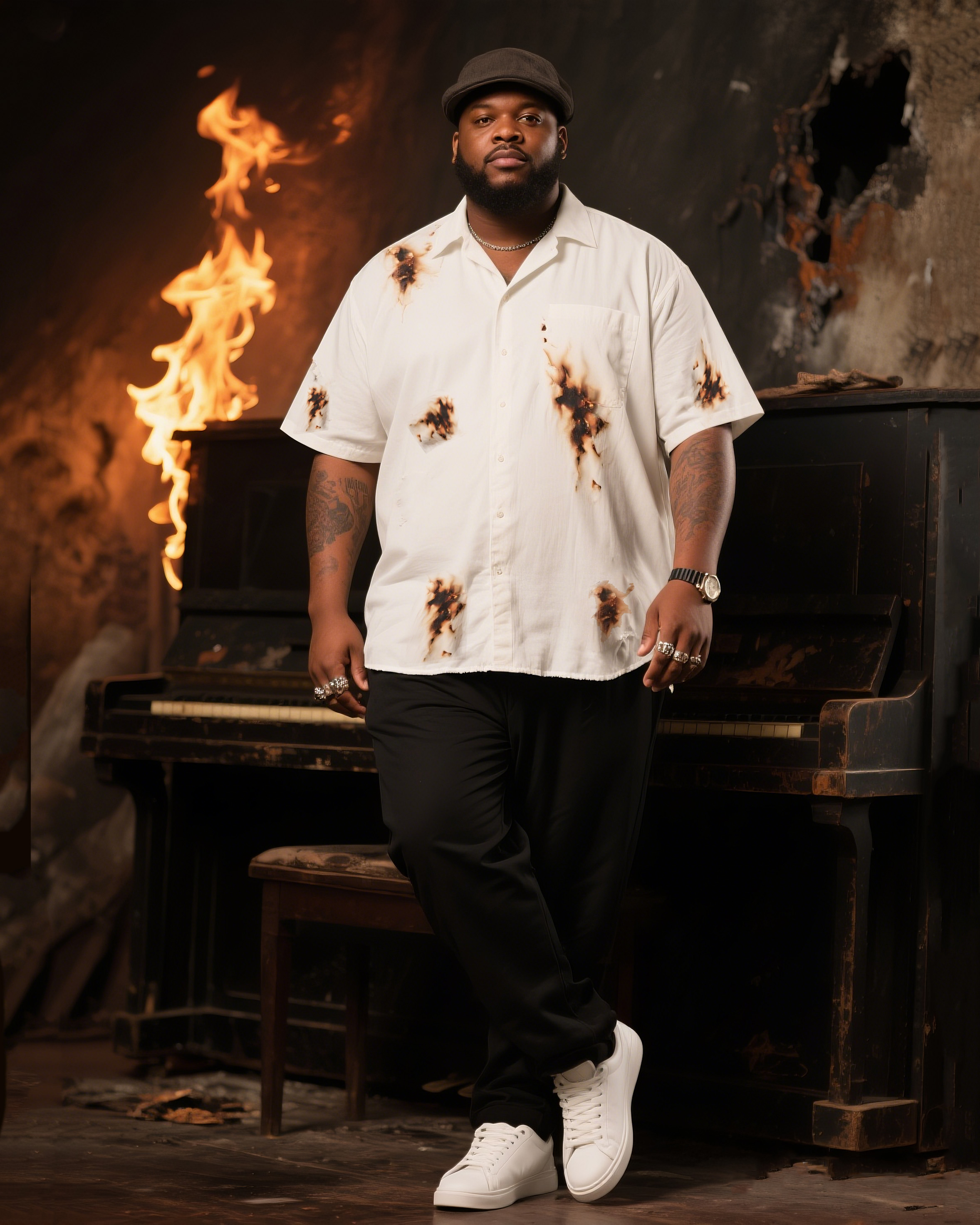 Big Boy Essential 2025 Art Flame Burn Mark Short Sleeve Shirt Trousers Suit