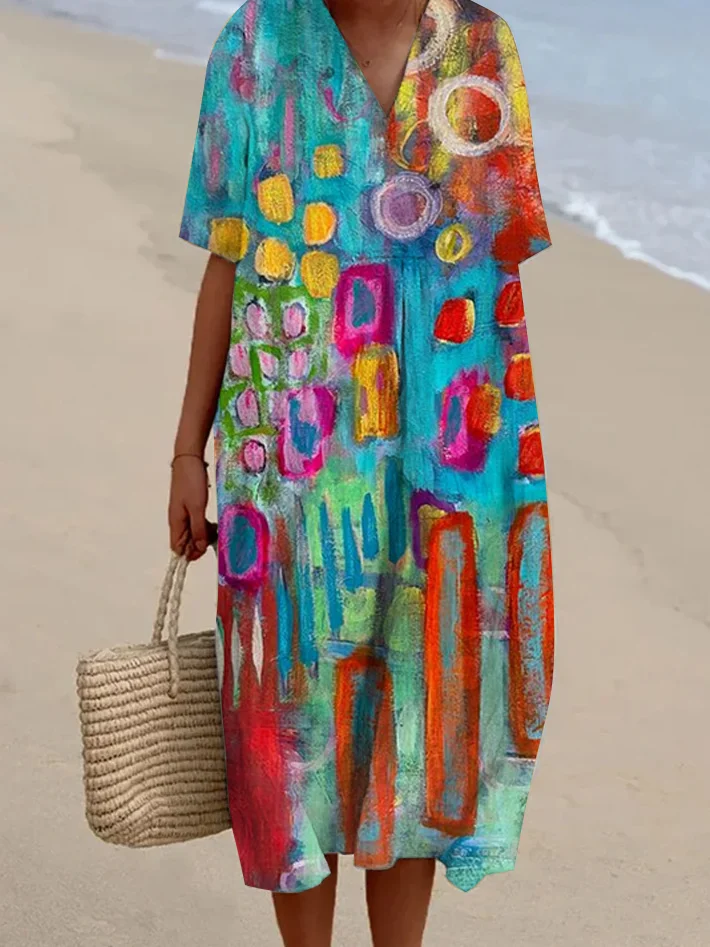 Women's retro colorful geometric print casual dress