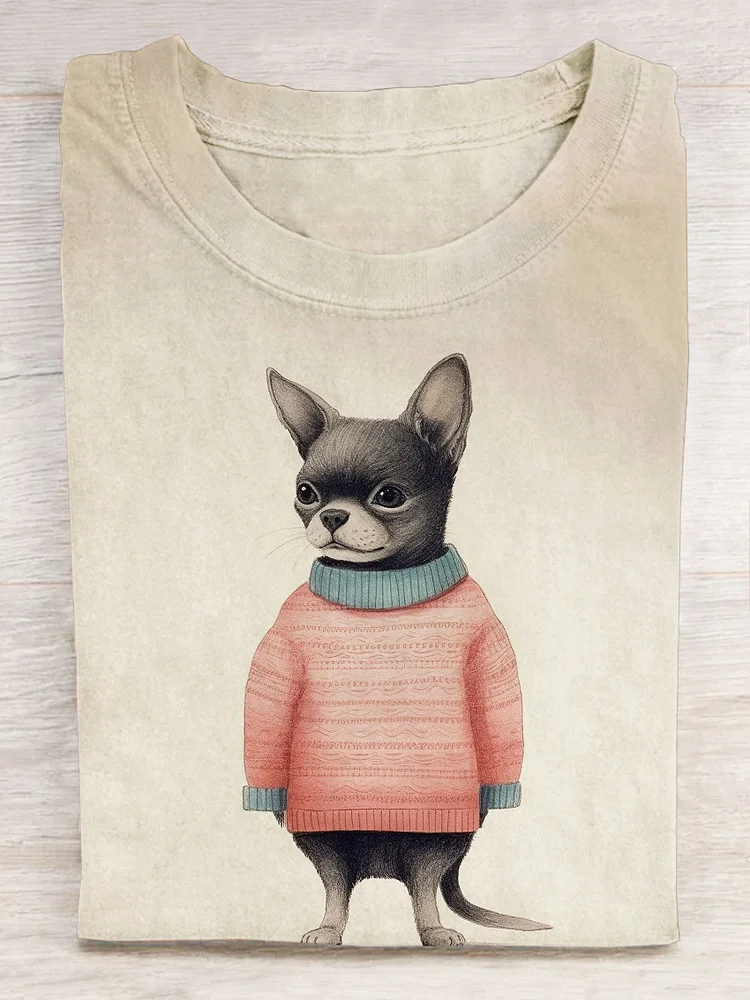 Funny Dog Chihuahua In Pink Sweater Art Print T-shirt