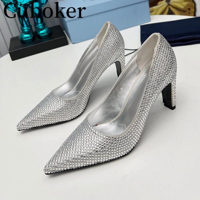 VCshoes Banquet Crystal Bling Pointed Toe Pumps Leather Women's Sandals Mules Dress Woman's Shoes Ladies Shoes