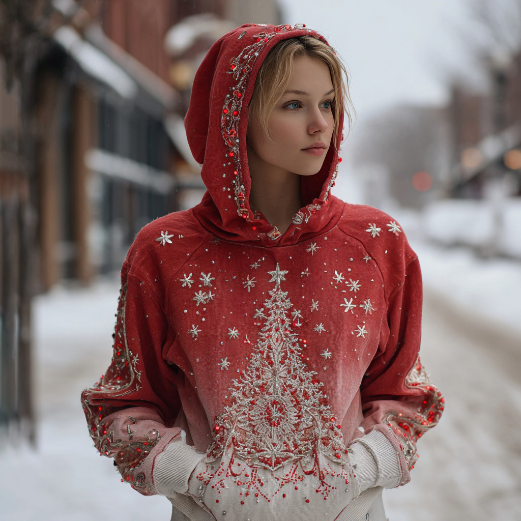 Women's Rhinestone Christmas Tree Art Print Casual Hoodie