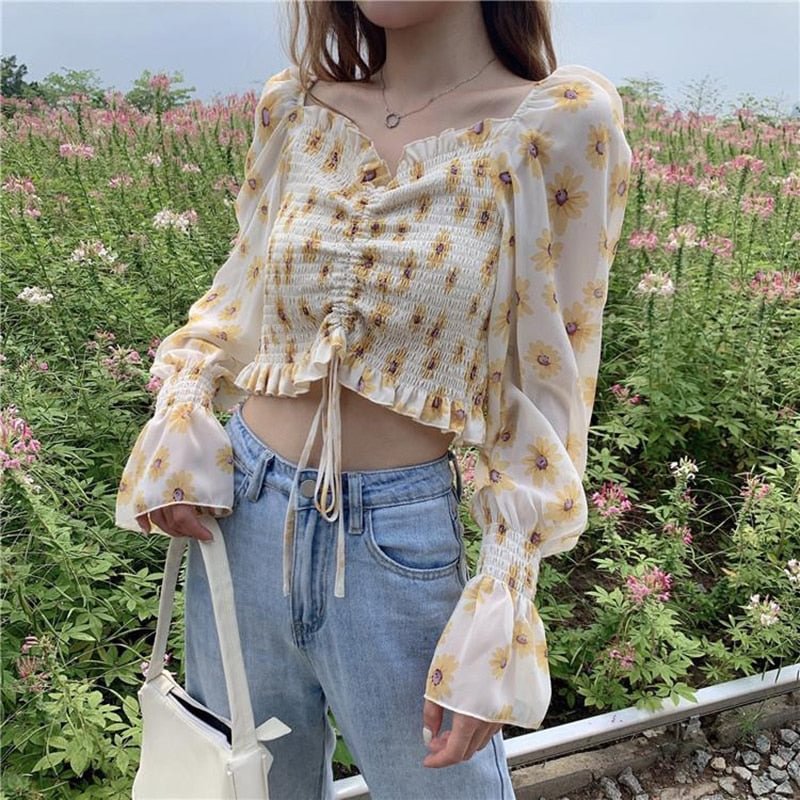 Floral Print Sexy Crop Tops Women Summer Blouse Ruffles Puff sleeve Chiffon Blouses White Shirt 2021 Fashion New