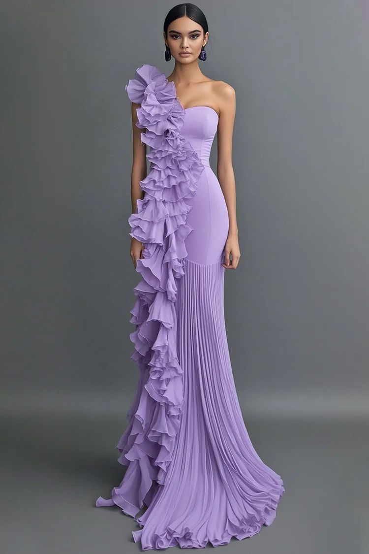 One Shoulder Ruffle Trim Pleated Maxi Dress-Purple [Custom-Made]