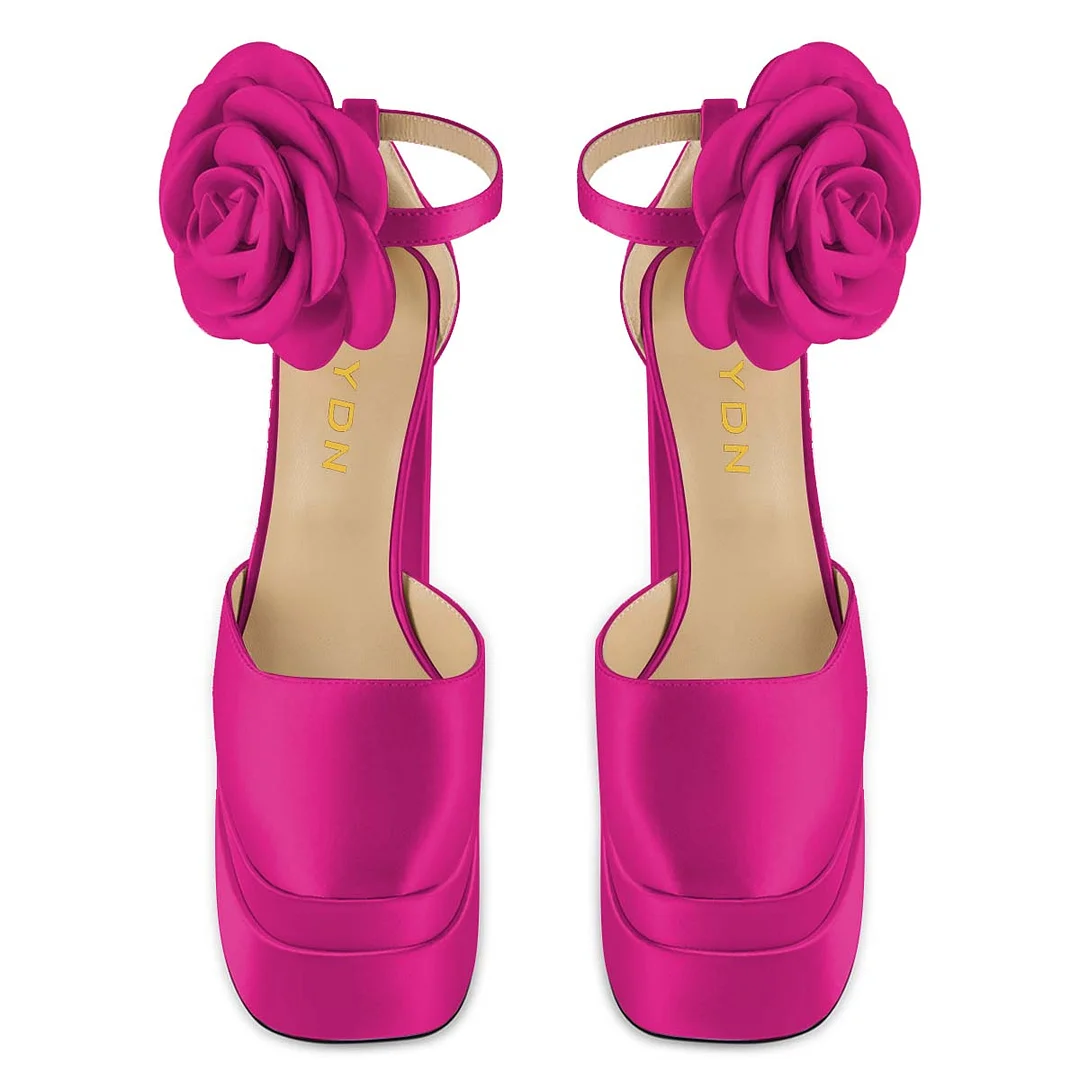 Hot Pink Satin Square Toe Chunky Heel Platform Pumps with Flower