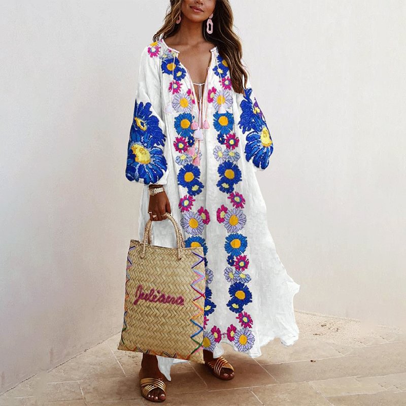 National Style Printed Long-sleeved Dress