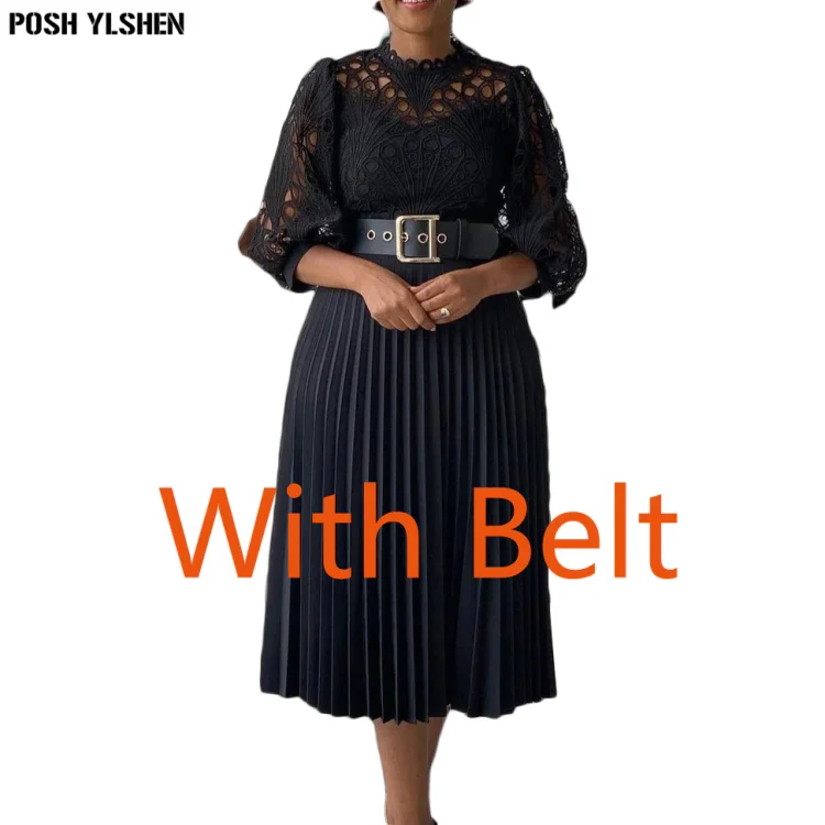 Sexy Lace Hollow Out African Dresses for Women 2022 Summer Clothes Long Pleat Dress Party White Black Elegant Robe Longue Femme QueenFunky