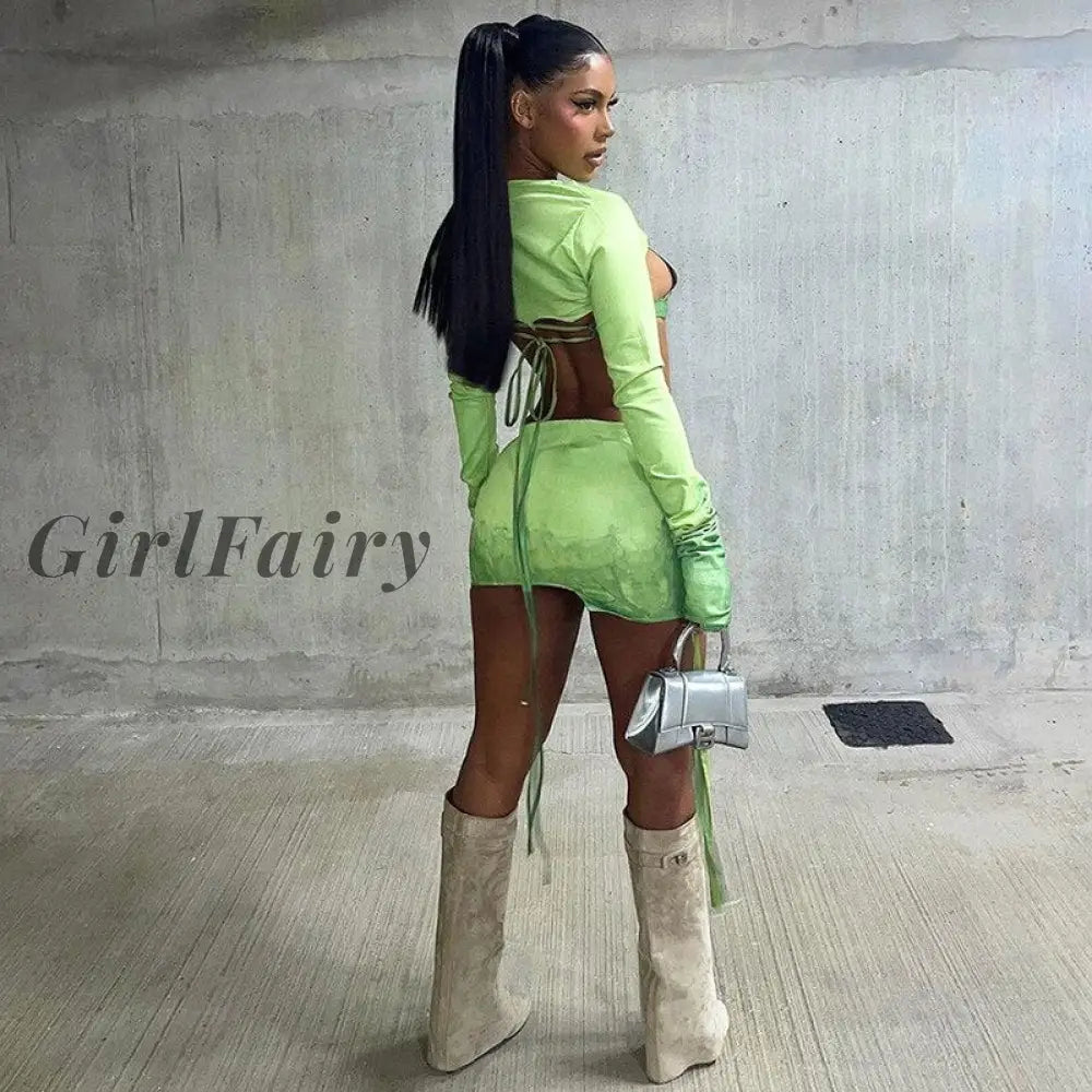 Girlfairy 3 Piece Set Women Club Wear Rave Outfit Long Sleeve Dress Sets Crop Top And Mini Skirts