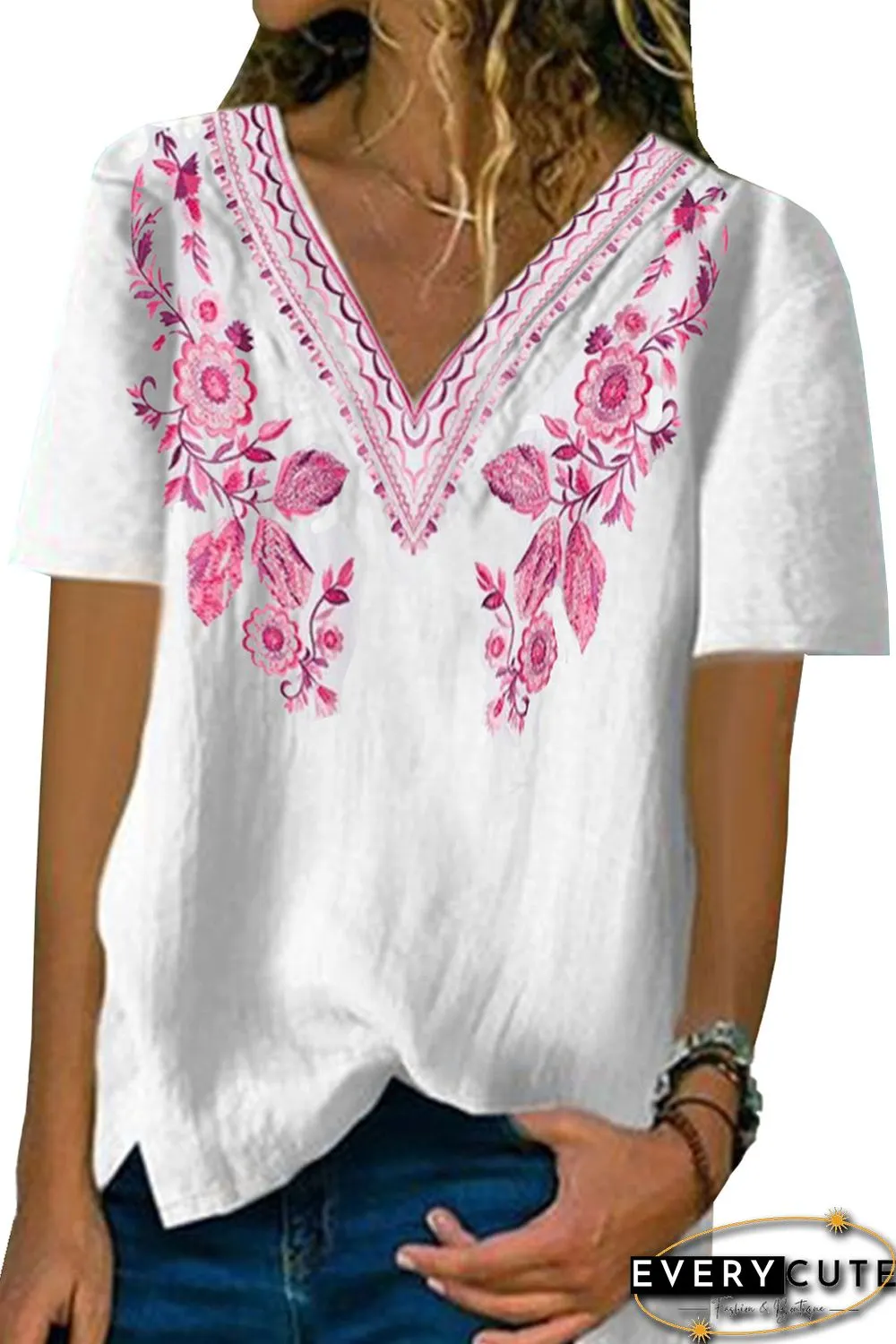 White Floral Pattern V Neck Short Sleeve Top