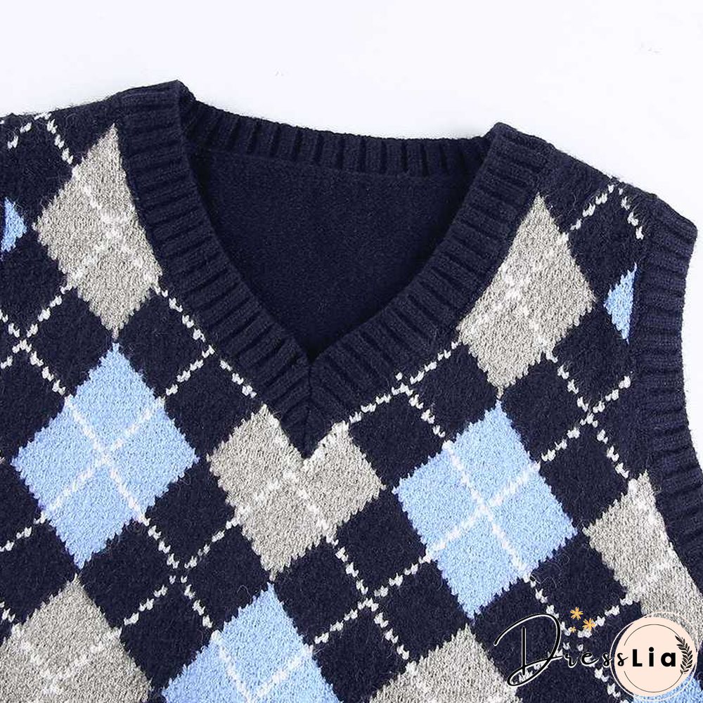 Checkered Cropped Knitted Tank Argyle Sleeveless Jumper