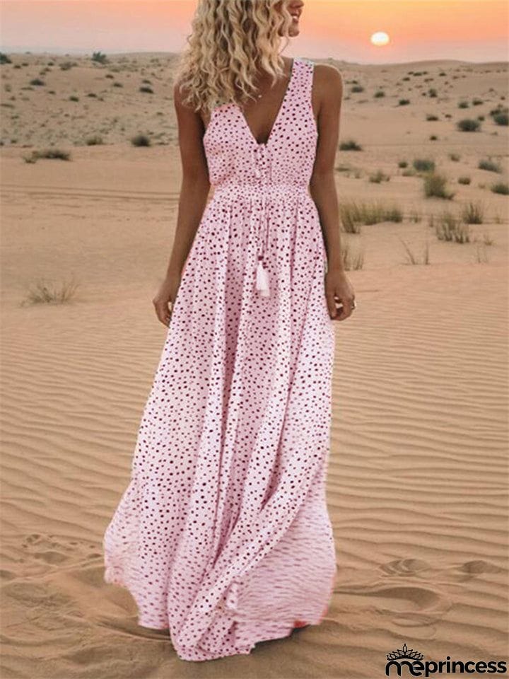Bohemian V Neck Polka Dot Desert Flowy Dress for Women